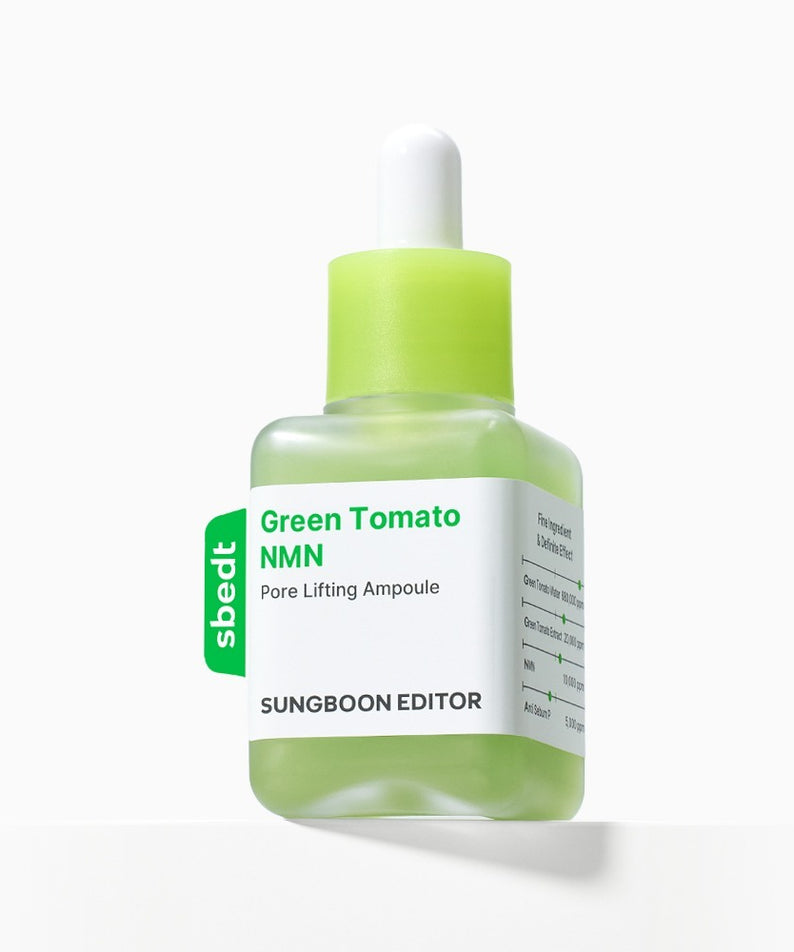 SUNGBOON EDITOR Green Tomato NMN Pore Lifting Ampoule 40ml sur fond blanc, photo produit bouteille verte