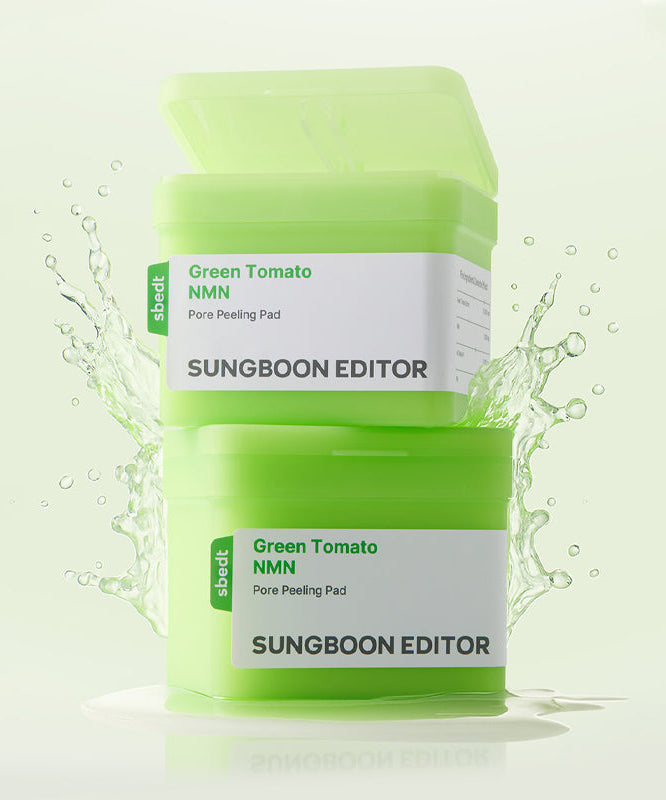 Décris l'image en français : SUNGBOON EDITOR Green Tomato NMN Pore Peeling Jumbo Pad 60 Pads, marque SUNGBOON EDITOR, boîte verte.