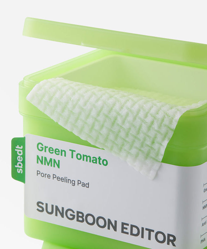 SUNGBOON EDITOR Green Tomato NMN Pore Peeling Jumbo Pad 60 Pads, pack vert sur fond clair, marque visible