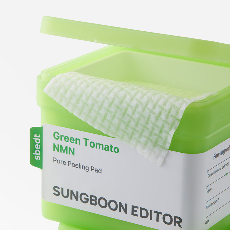 SUNGBOON EDITOR Green Tomato NMN Pore Peeling Jumbo Pad 60 Pads, pack vert sur fond clair, marque visible