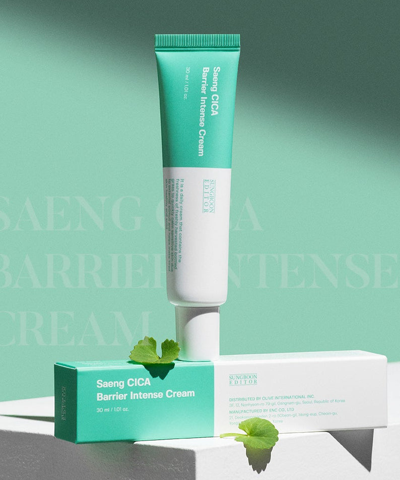 SUNGBOON EDITOR Saeng Cica Barrier Intensive Cream 30ml, tube et boîte sur fond vert clair, marque SUNGBOON EDITOR