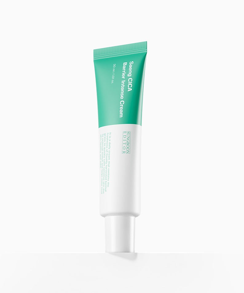 SUNGBOON EDITOR Saeng Cica Barrier Intensive Cream 30ml, tube crème apaisante vert sur fond blanc, marque Sungboon.