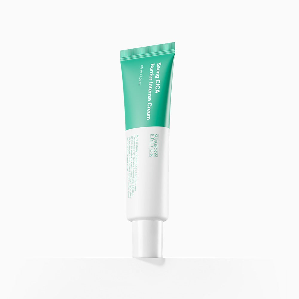 SUNGBOON EDITOR Saeng Cica Barrier Intensive Cream 30ml, tube crème apaisante vert sur fond blanc, marque Sungboon.