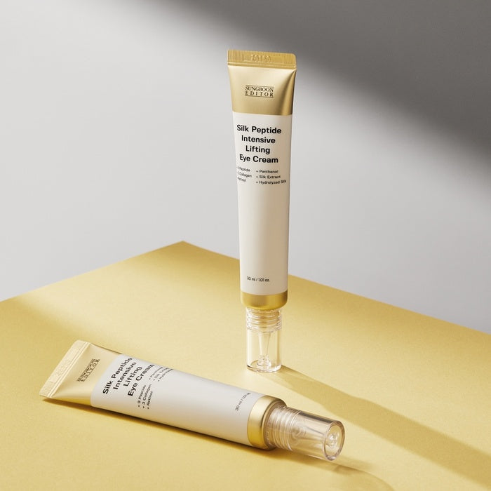 SUNGBOON EDITOR Silk Peptide Intensive Lifting Eye Cream 30ml sur fond doré, soin liftant intensif pour les yeux en format tube.