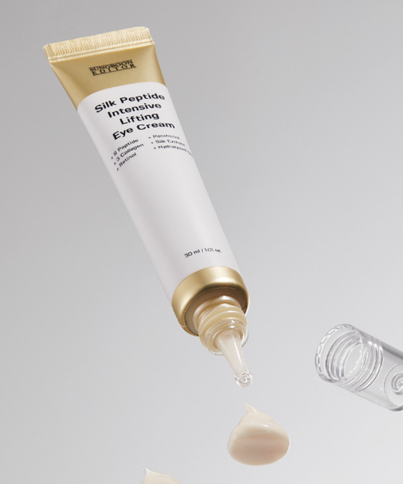 Crème contour des yeux SUNGBOON EDITOR Silk Peptide Intensive Lifting Eye Cream 30ml en tube doré et blanc.