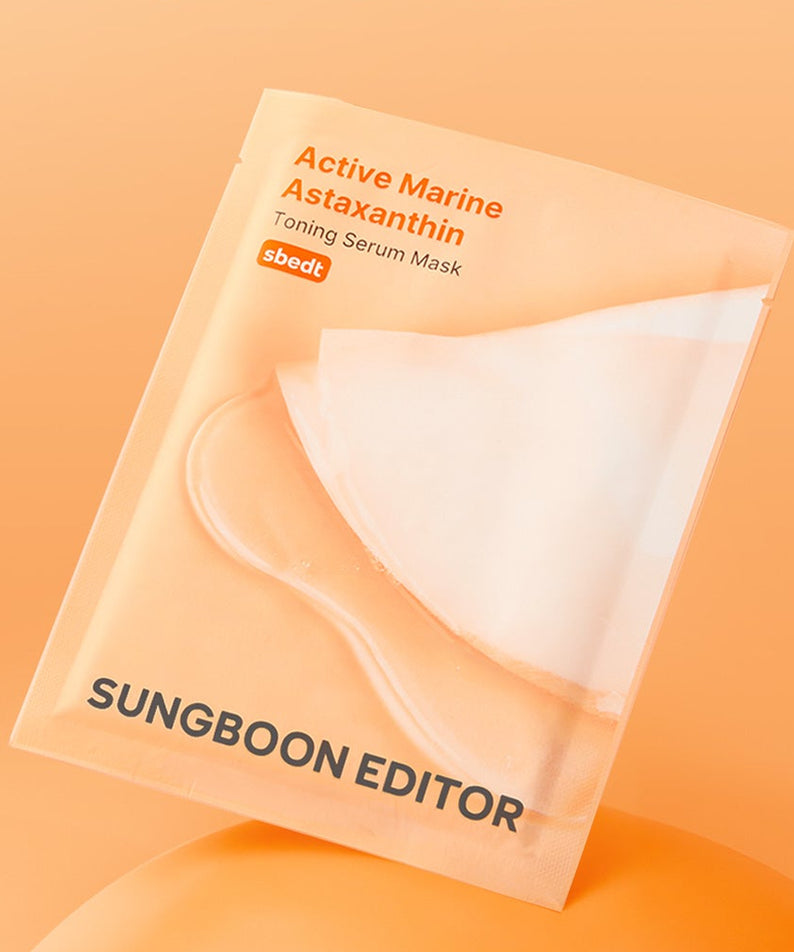 SUNGBOON EDITOR Active Marine Asxatanthin Toning Serum Mask 10 Sheets, cosmétique apaisant pour une peau éclatante.