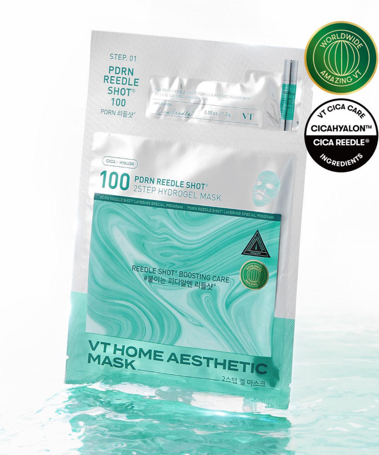 VT COSMETIC Riddle Shot 100 2 Step Hydrogel Mask 5 Sheets en gros plan sur fond blanc, pack de masques hydrogels.