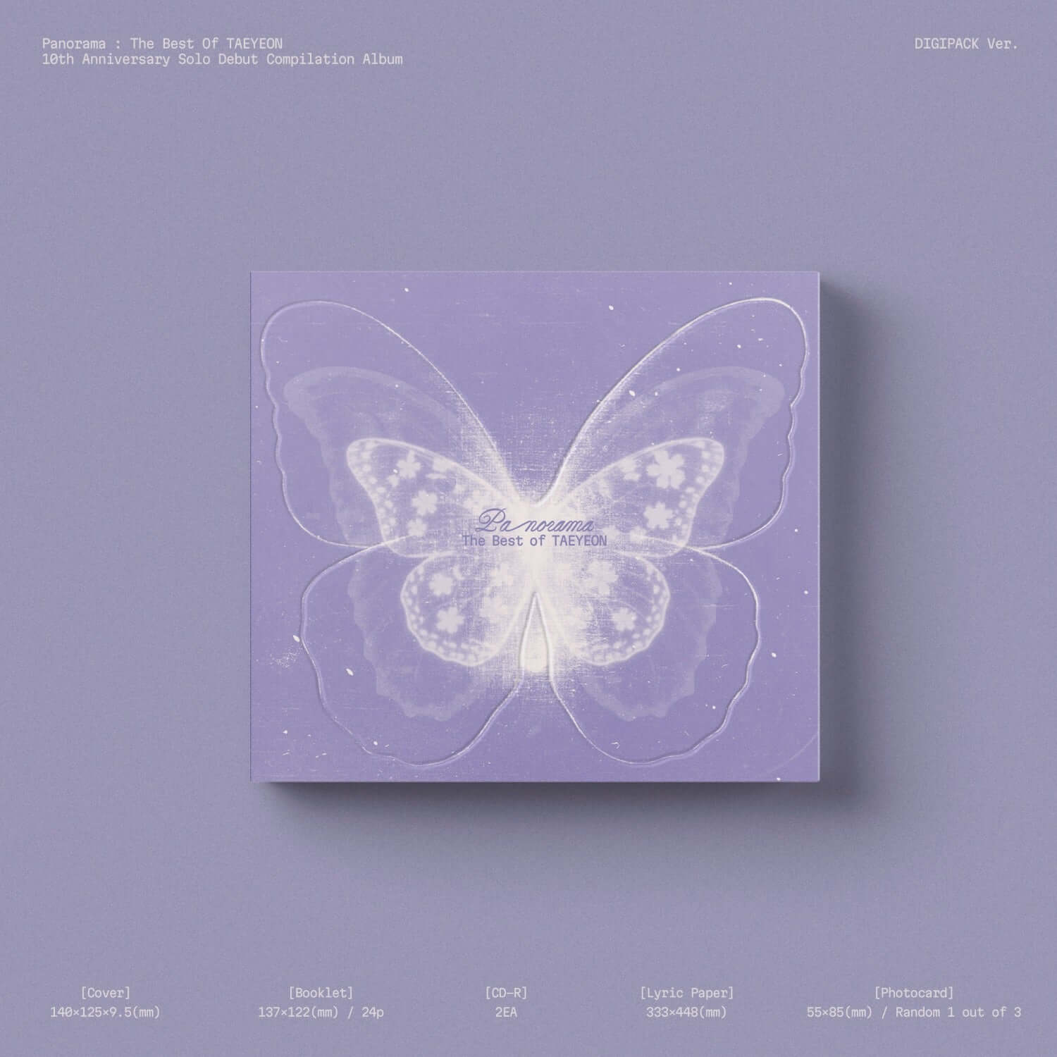TAEYEON - [Panorama : The Best of TAEYEON] (DIGIPACK Ver.) - Album Kpop, digipack violet avec papillon sur fond violet