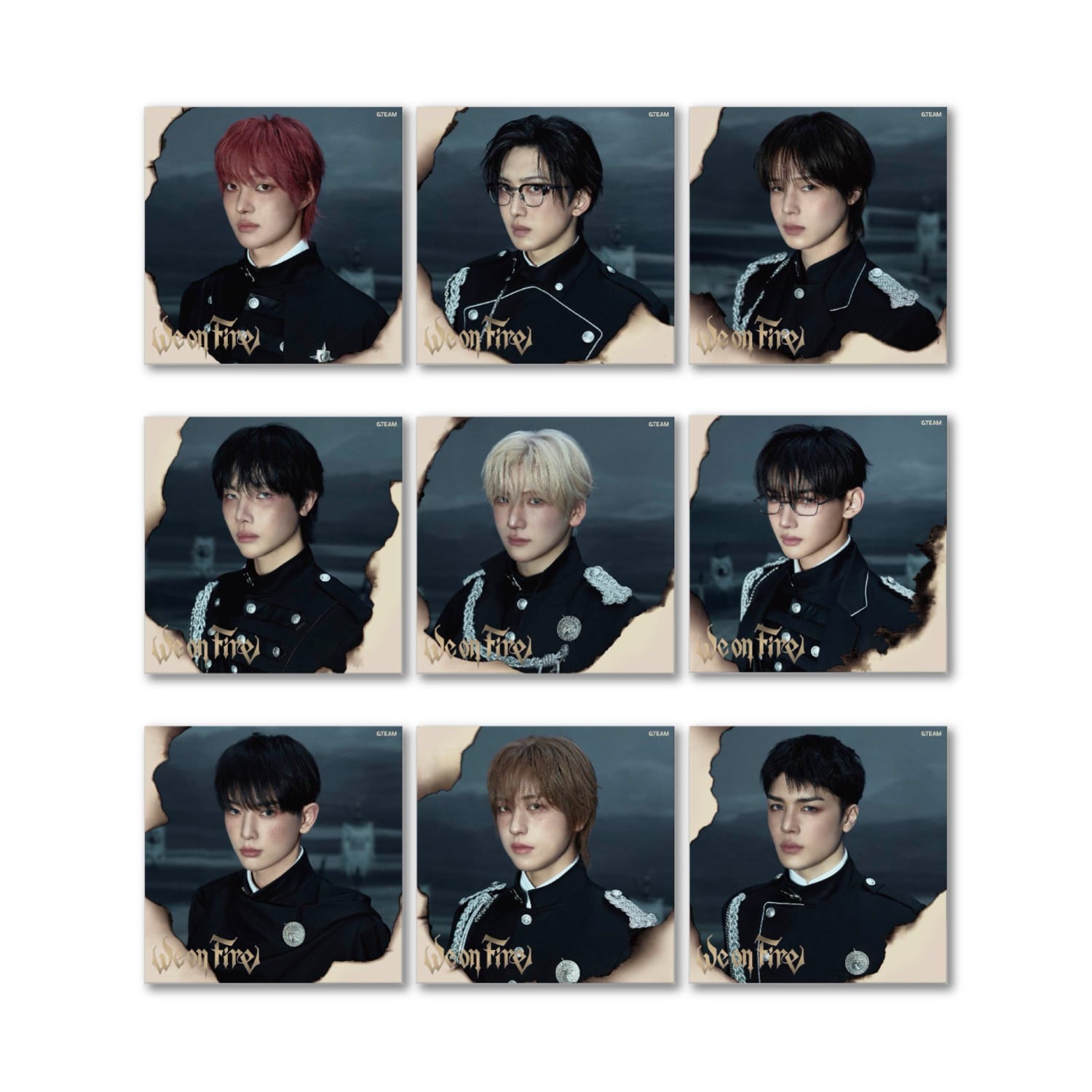 &TEAM - 3rd EP [We on Fire] SOLO EDITION (Set of 9) - Album Kpop : photos solos & coffret collector sur fond sombre.