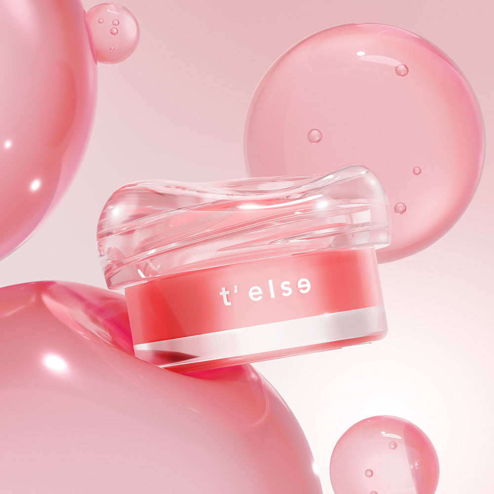 T'ELSE Plumping Glow Jelly Pot 9g, pot cosmétique rose en gel, bulles et lumière douce, visuel maquillage.