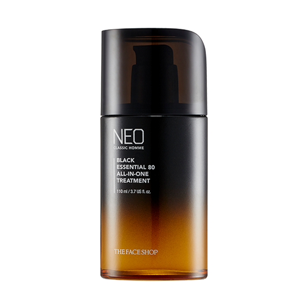 THE FACE SHOP  Neo Classic Homme Black Essentail All-in-One Treatment 110ml, flacon noir sur fond blanc, vue produit