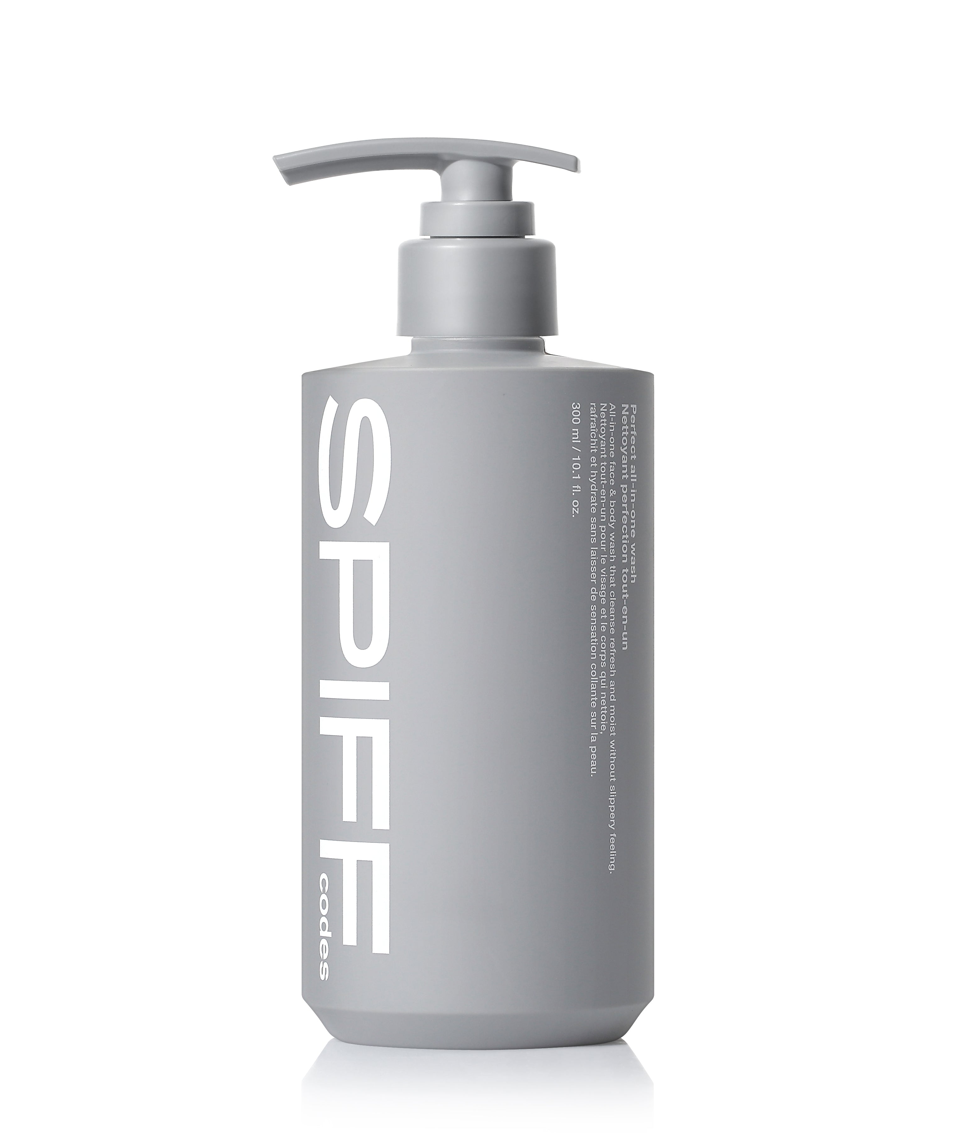 THE FACE SHOP  Speed Code Perfect All-in-One Wash 300ml, flacon gris pompe sur fond blanc, contexte visuel produit
