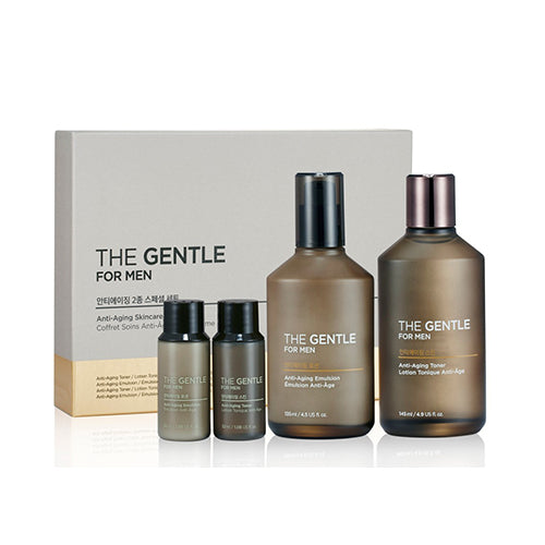 THE FACE SHOP  The Gentle for Men Anti-Aging 2 Pieces Set, flacons et coffret sur fond clair, produit soin visage homme.