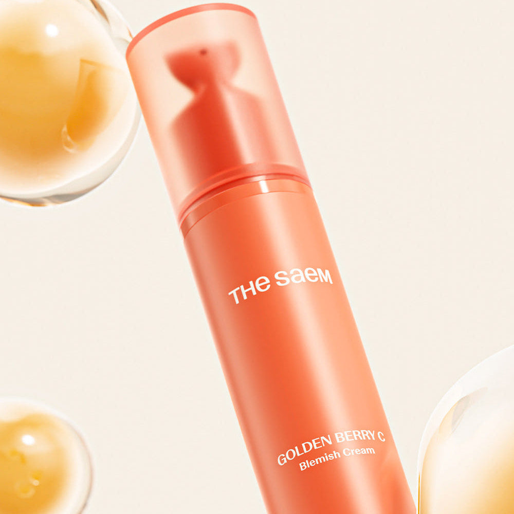 THE SAEM Golden Berry C Blemish Cream 30ml, tube orange et crème sur fond clair, packshot beauté.