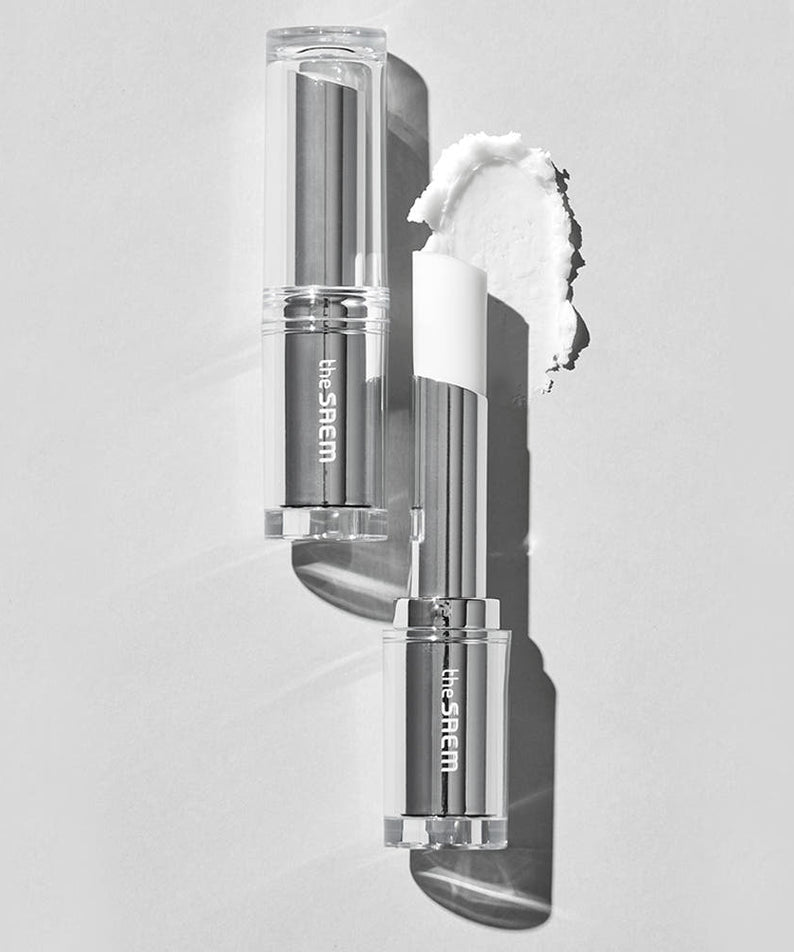 THE SAEM Soft Blurring Primer Lip Balm, baume primer de la marque, flacons transparents sur fond clair, visuel produit