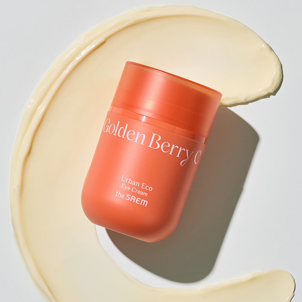 THE SAEM Urban Eco Golden Berry C Eye Cream 30ml : pot orange sur crème dorée, marque THE SAEM, soin contour des yeux.