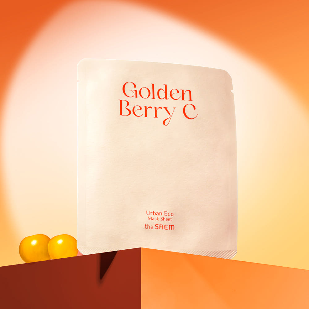 THE SAEM Urban Eco Golden Berry C Mask Sheets 10 Sheets, masque tissu Urban Eco Golden Berry C, devant ambiance orange.