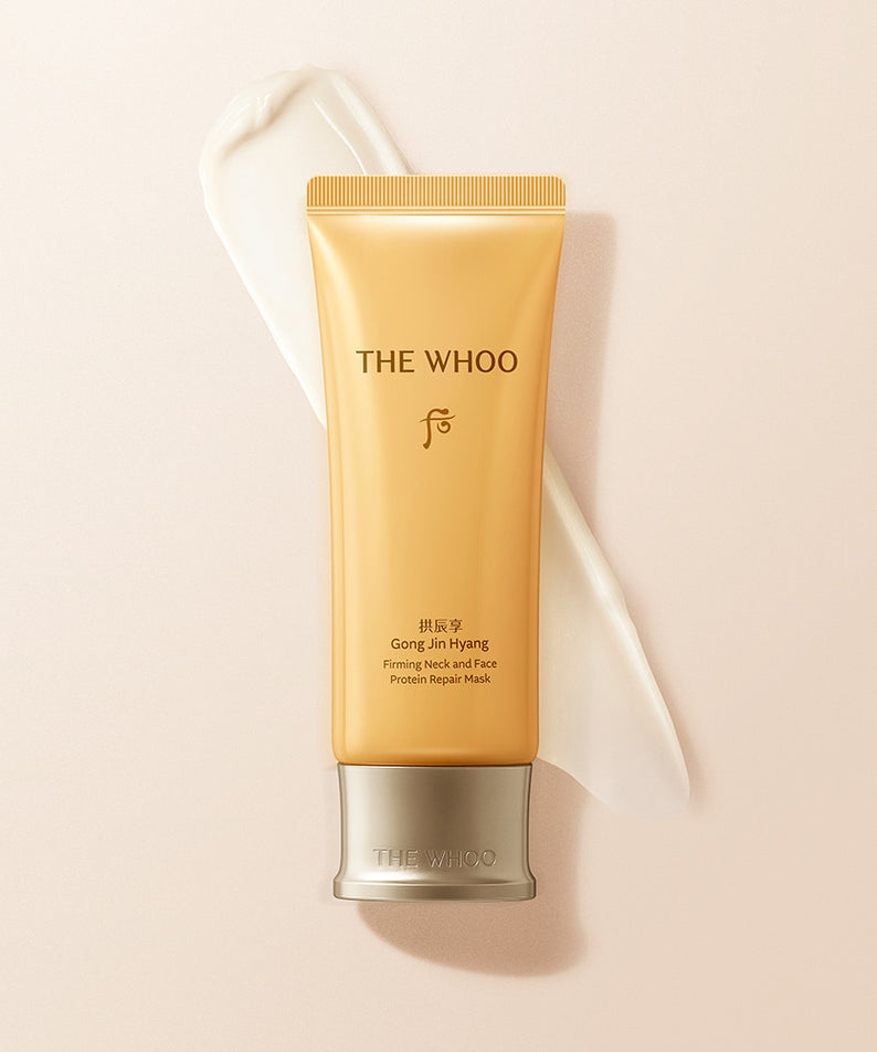 THE WHOO Gong Jin Hyang Firming Neck and Face Protein Repair Mask 100ml sur fond beige élégant.
