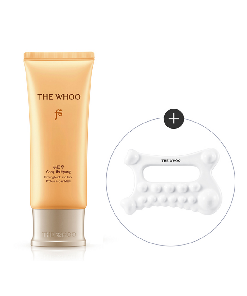 THE WHOO Gong Jin Hyang Firming Neck and Face Protein Repair Mask 100ml avec outil de massage blanc pour une peau raffermie.