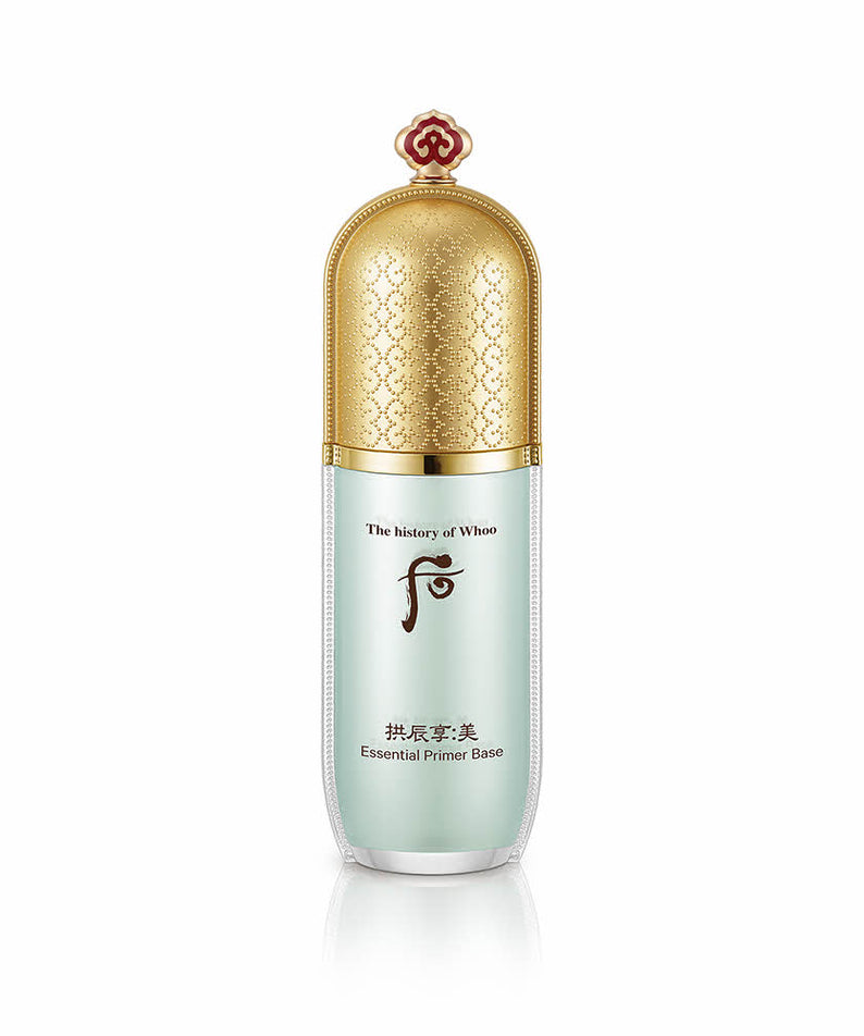 Flacon de THE WHOO Gong Jin Hyang Mi Essential Primer Base 40ml en édition luxueuse or.