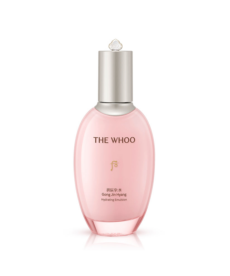 THE WHOO Gongjinhyang Moisture Emulsion 110ml, flacon rose sur fond blanc, produit de la marque THE WHOO.