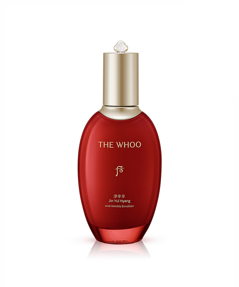 THE WHOO Jin Yul Hyang Anti-Wrinkle Emulsion 110ml, lotion anti-rides luxueuse en flacon rouge élégant.