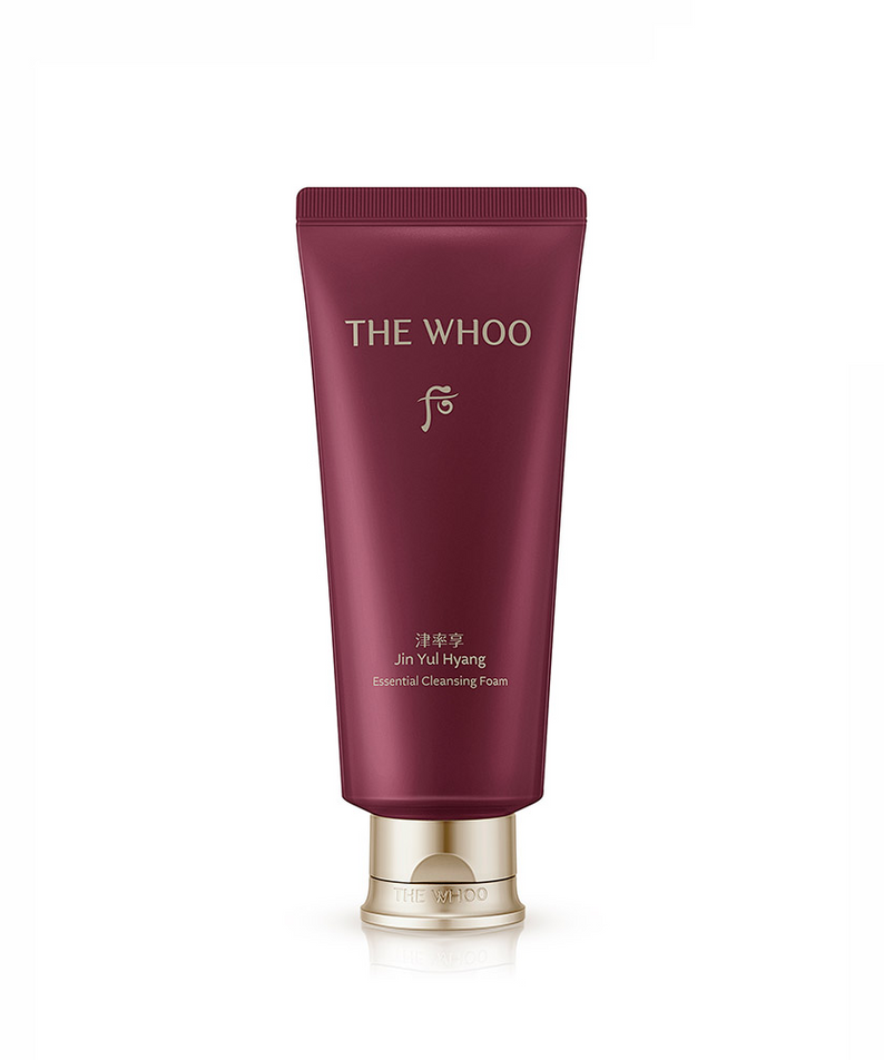 THE WHOO Jin Yul Hyang Essentail Cleansing Face 180ml : tube violet de la marque THE WHOO sur fond blanc.