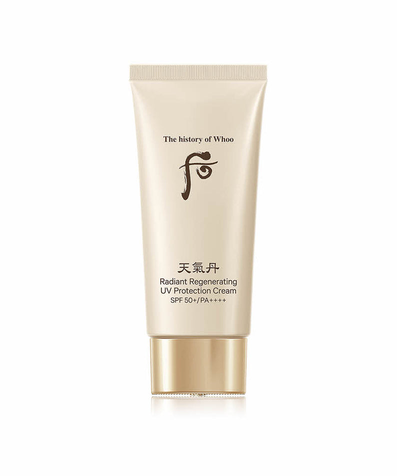 Tube de THE WHOO Radiant Regenerating UV Protection Cream SPF50+PA++++ sur fond blanc