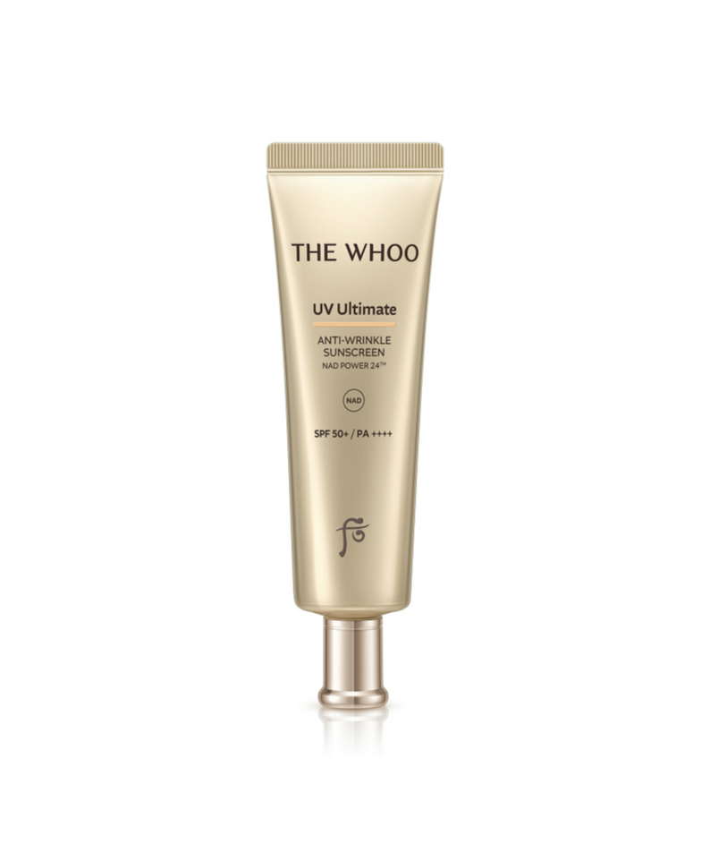 Image of THE WHOO UV Ultimate Anti-Wrinkle Sun 50ml en tube doré, protection solaire anti-âge haute performance.