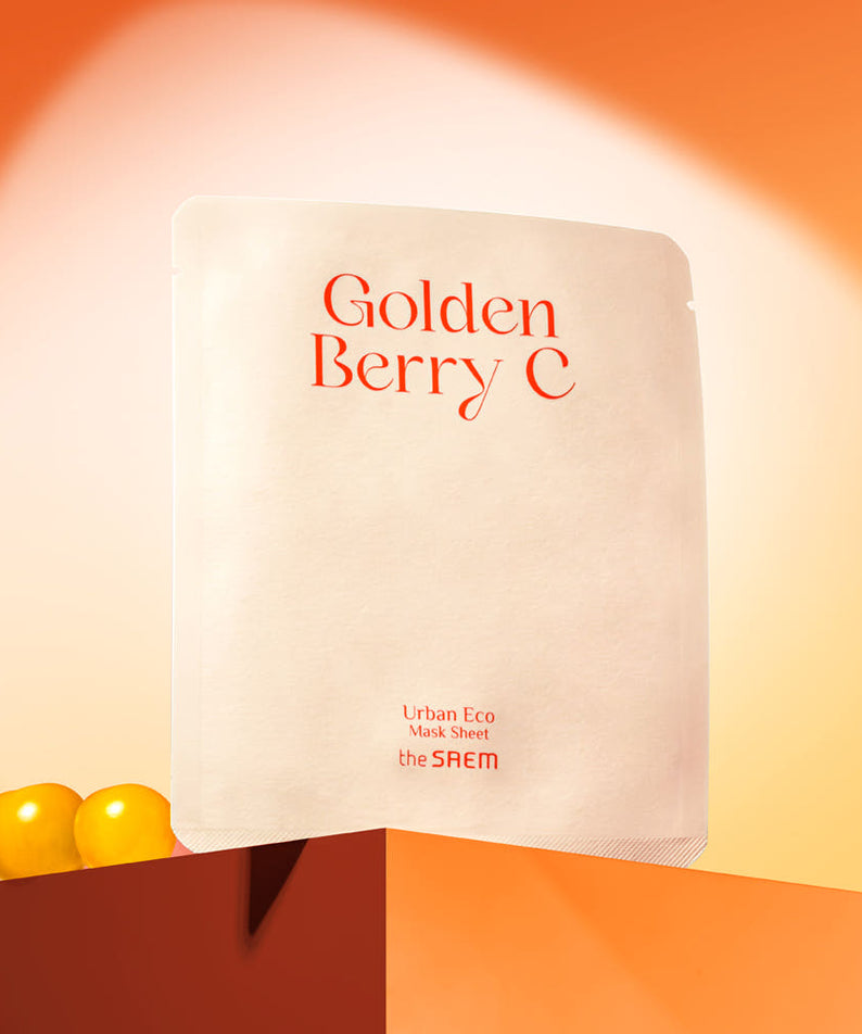 Masque THE SAEM Urban Eco Golden Berry C Mask Sheets 10 Sheets sur fond orange, soins de la peau vitaminés.