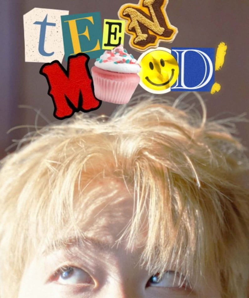 TIMID MOOD - [TEEN MOOD] - Album Kpop, jaquette avec portrait jeune et stickers tFE MƆD, fond sombre, gâteau