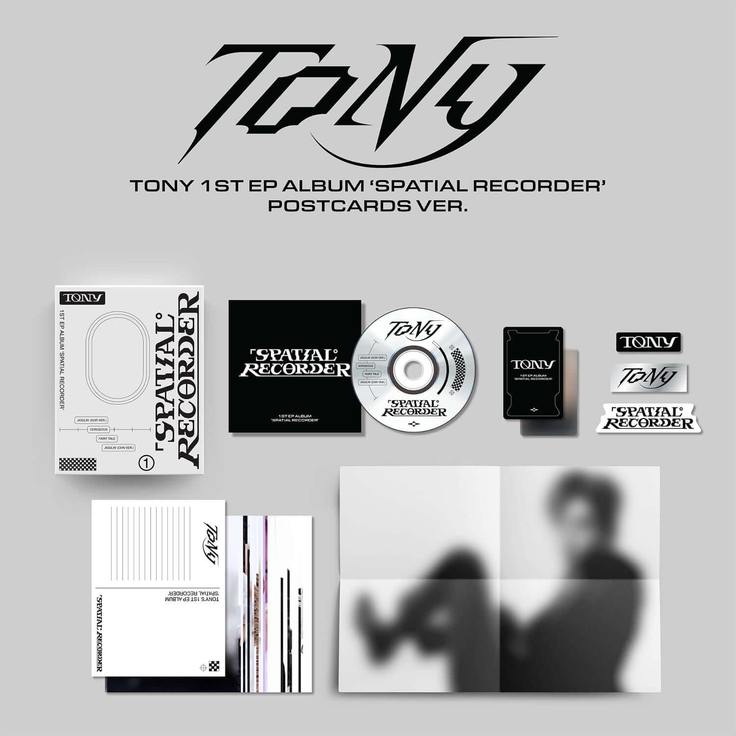 TONY - 1st EP [SPATIAL RECORDER] (POSTCARDS ver) - Album Kpop : pochette et visuels pack album sur fond gris clair.