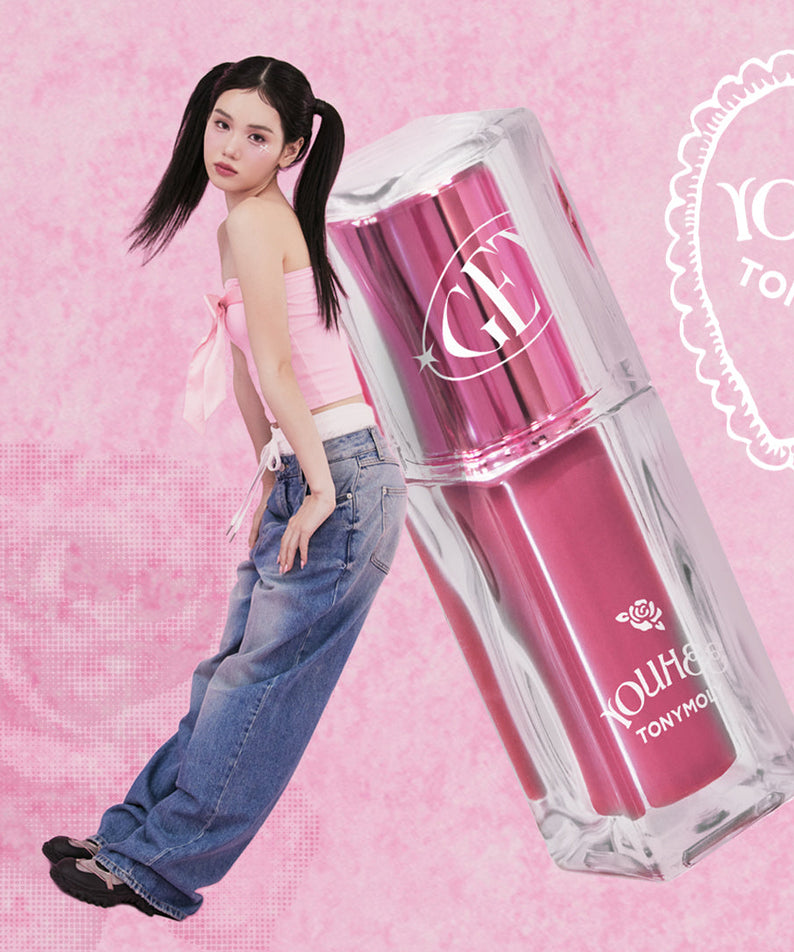 Tony Moly Get It Tint Waterful Butter avec modèle, fond rose et emballage élégant.