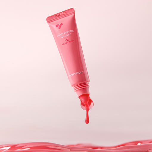 TONY MOLY Juicy Peptide Lip Jelly, tube rose sur fond pastel, goutte de lip jelly, marque TONY MOLY en gros plan