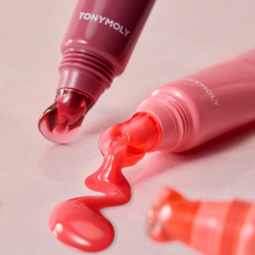 TONY MOLY Juicy Peptide Lip Jelly, produit marque TONY MOLY en gel rouge, flacons et texture sur fond clair