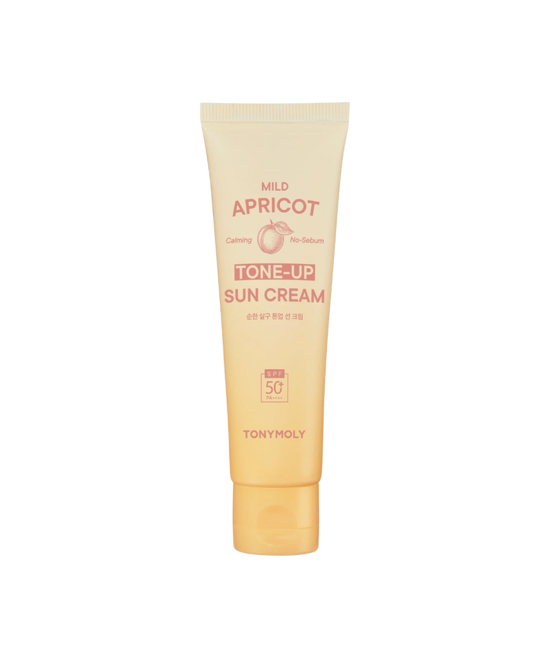 TONY MOLY Mild Apricot Tone-Up Sunscreen, tube crème solaire sur fond noir, visuel produit de la marque TonyMoly.