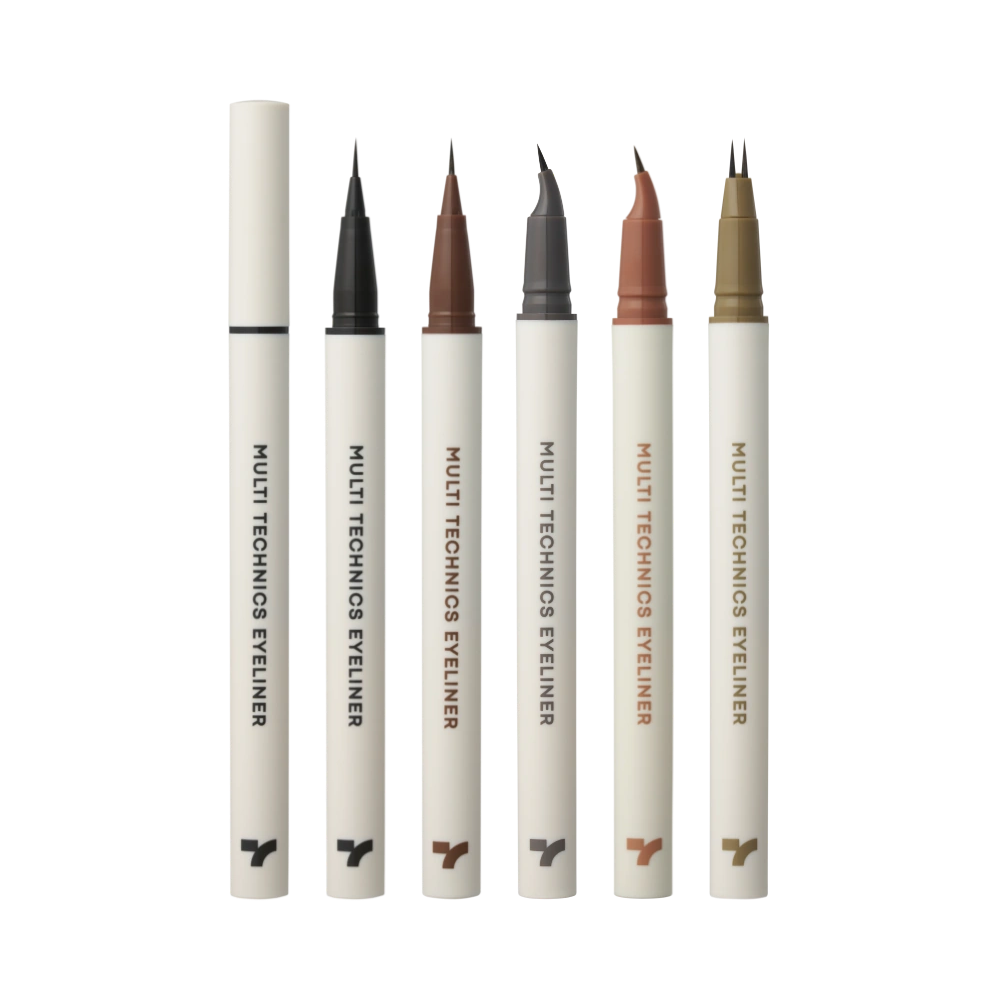 TONY MOLY Multi-Techniques Eyeliner de marque TonyMoly, stylos eyeliner beiges et noirs sur fond blanc.