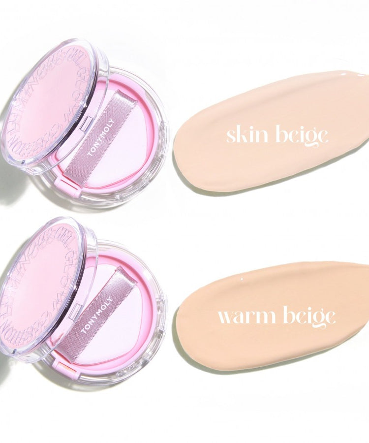 TONY MOLY My Luminouse Gel Glow Cushion 15g, flacons et teintes sur fond clair, rendu gel lumineux, marque Tonymoly
