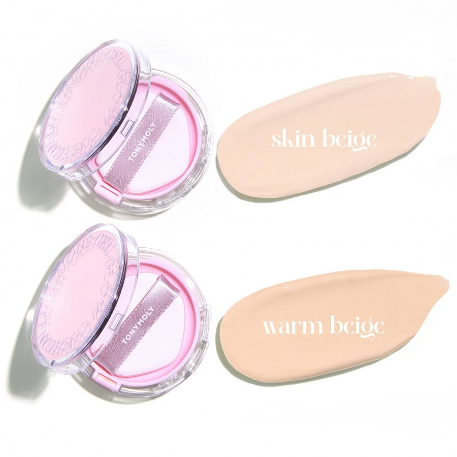 TONY MOLY My Luminouse Gel Glow Cushion 15g, flacons et teintes sur fond clair, rendu gel lumineux, marque Tonymoly