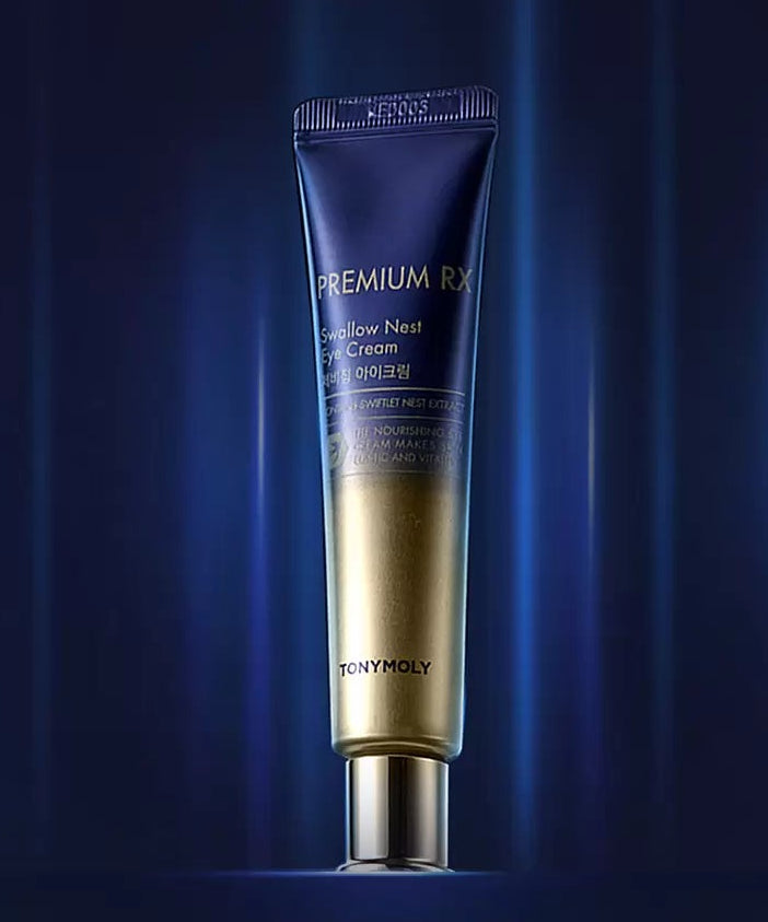 Décris l'image : TONY MOLY Premium RX Swallow's Nest Eye Cream, tube bleu sur fond bleu, produit de la marque.
