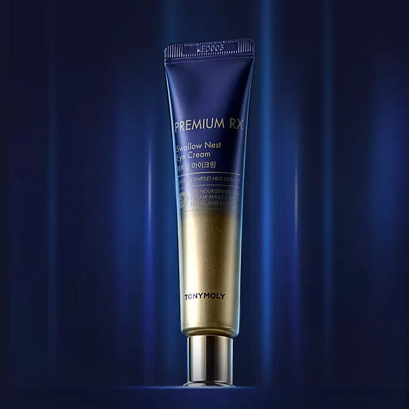Décris l'image : TONY MOLY Premium RX Swallow's Nest Eye Cream, tube bleu sur fond bleu, produit de la marque.