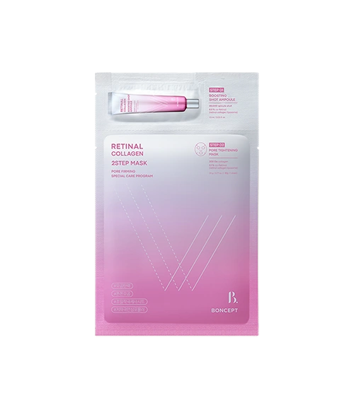 Décris l'image en français : TONY MOLY Retinal Collagen Two-Step Mask Sheet 5 sheets, pack de masques, flacon et texte.