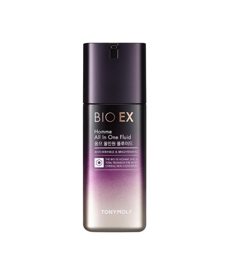 TONYMOLY Bio EX Homme All-in-One Fluid 130ml, flacon violet sur fond noir, produit de soin visage homme de la marque TONYMOLY.