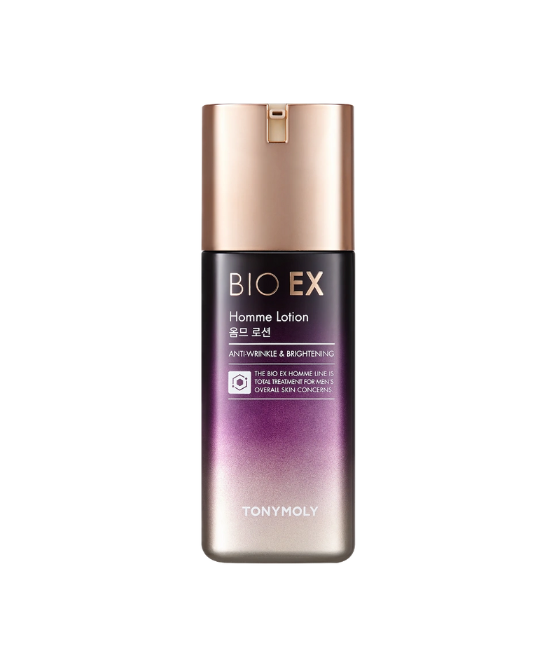 TONYMOLY Bio EX Homme Lotion 130ml de marque TONYMOLY, flacon bronze en fond sombre, produit cosmétique homme