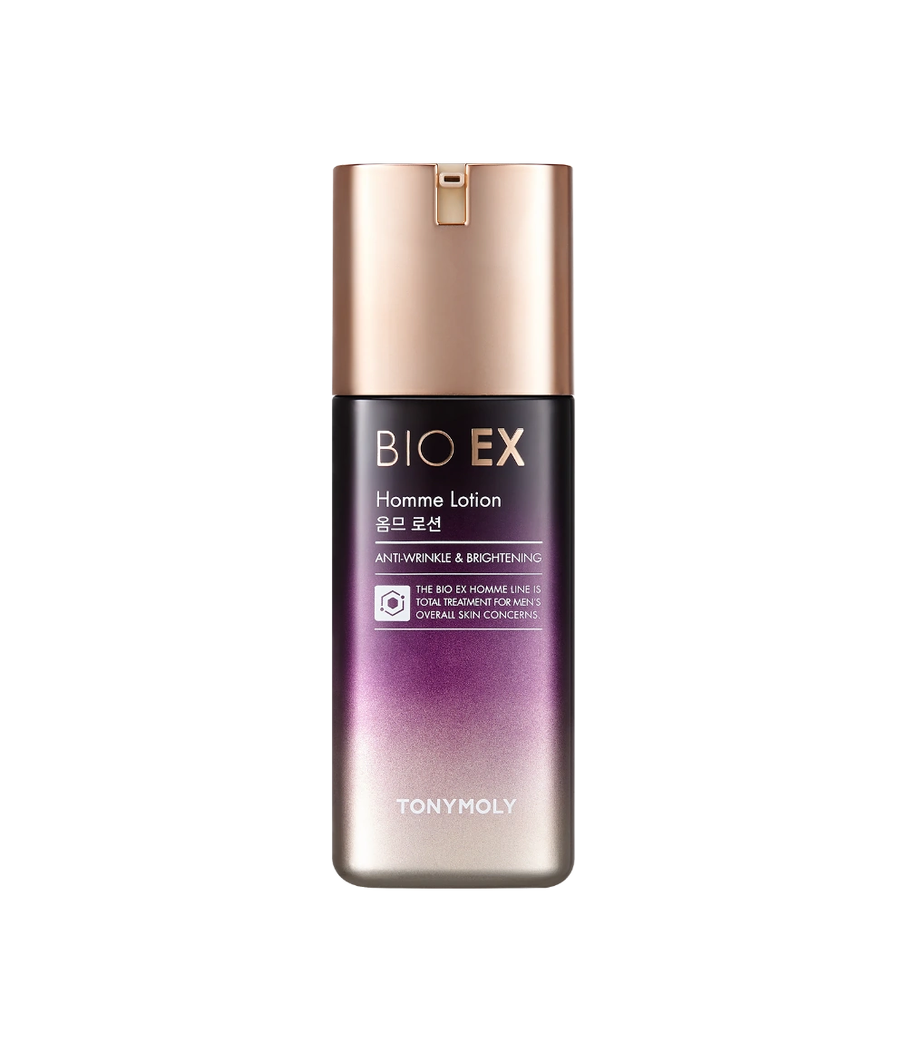 TONYMOLY Bio EX Homme Lotion 130ml de marque TONYMOLY, flacon bronze en fond sombre, produit cosmétique homme