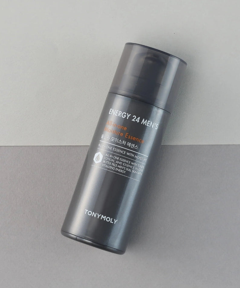 TONYMOLY Energy 24 Men's All-in-One Moisture 120ml : flacon sérum hydratant homme, contexte fond clair, produit posé