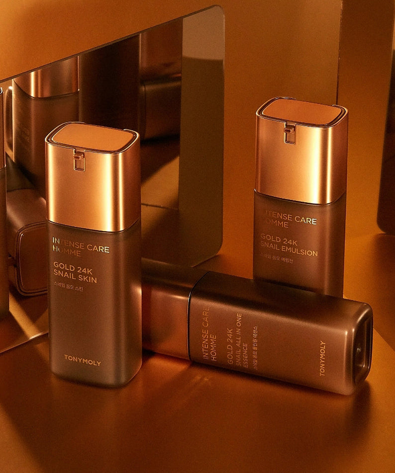 TONYMOLY Intense Care Gold 24K Snail Homme 2 Pieces Set, flacons dorés en coffret, soins visage homme au style luxe
