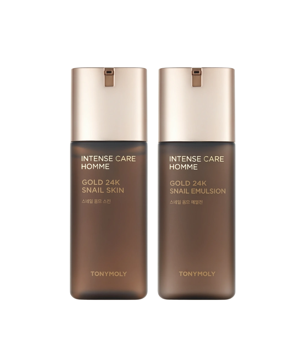 TONYMOLY Intense Care Gold 24K Snail Homme 2 Pieces Set : flacons dorés TONYMOLY sur fond noir, soins hommes.