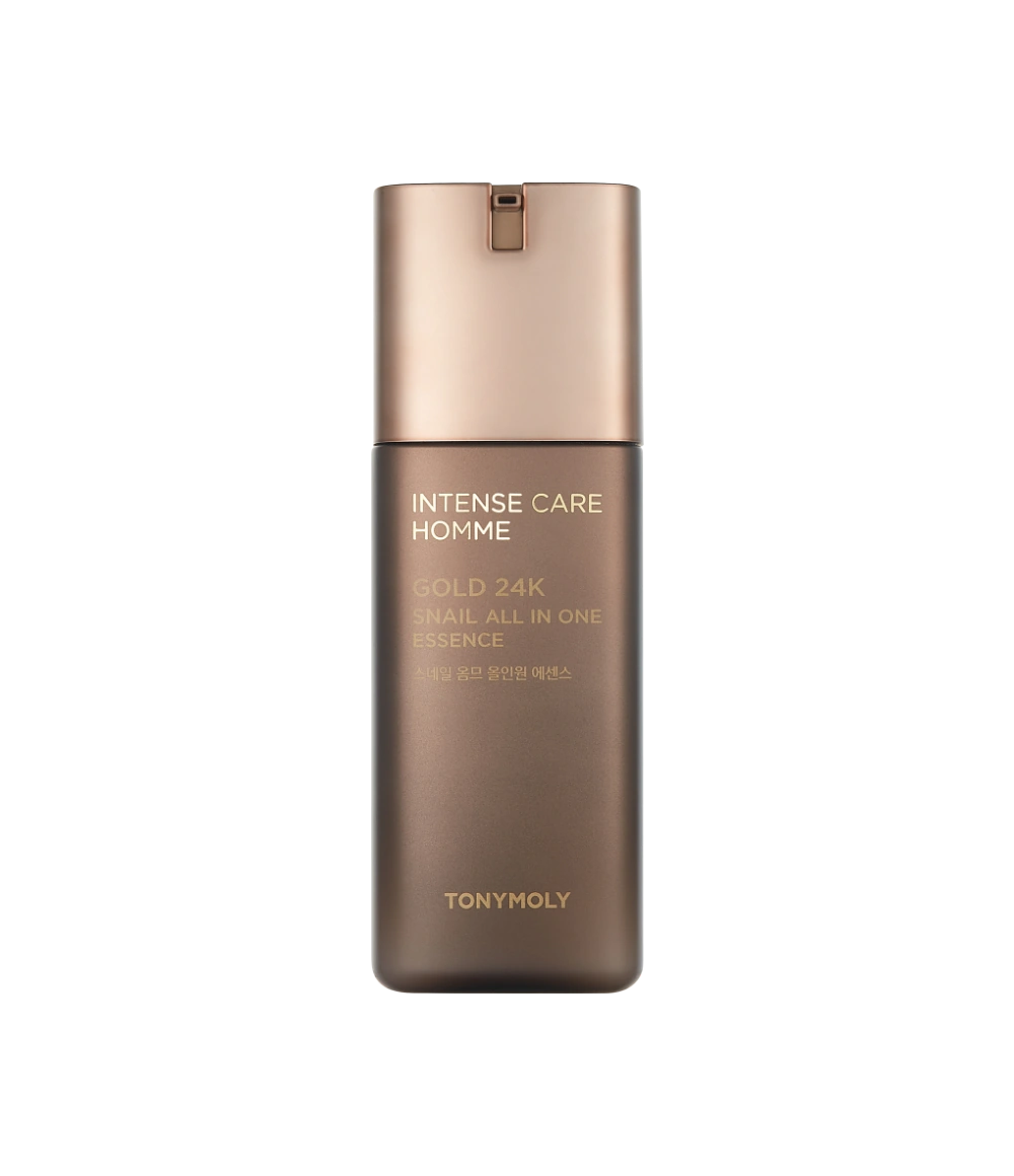 TONYMOLY Intense Care Gold 24K Snail Homme All-in-One Essence 130ml sur fond noir, flacon or saumon