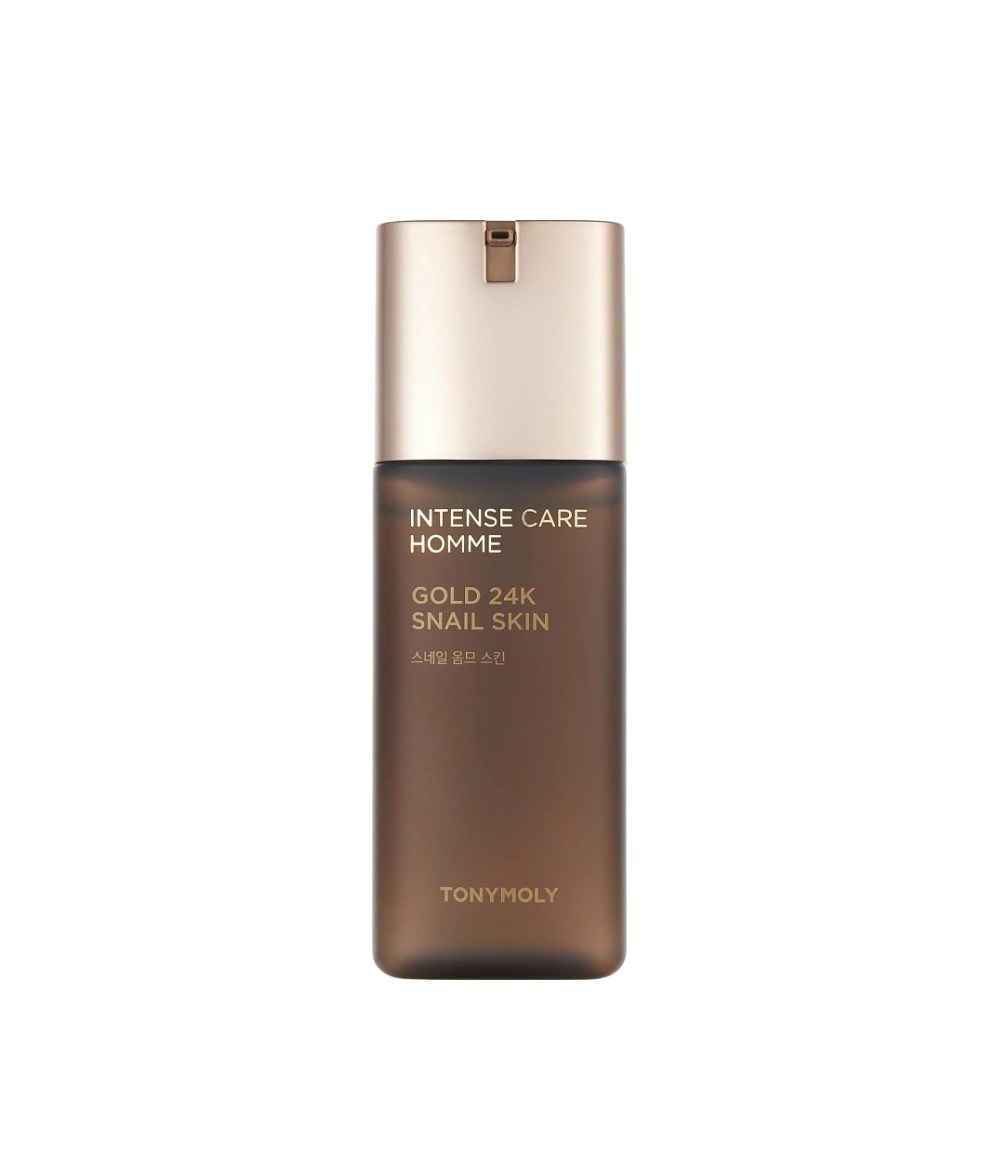 TONYMOLY Intense Care Gold 24K Snail Homme Skin 130ml, flacon bronze doré sur fond noir, soin homme antiride.